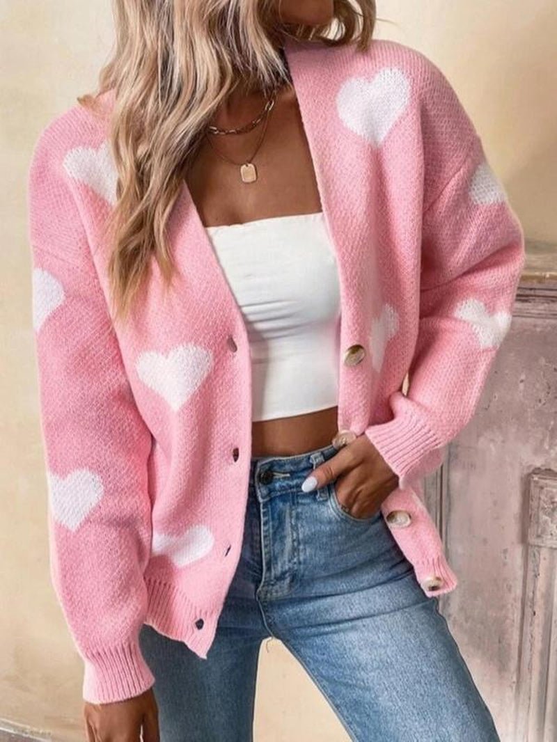 Women'S Heart Print Button Front Drop Shoulder Cardigan, Casual Long Sleeve V Neck Knitwear for Fall & Winter, Women Clothing - Bela Fils BoutiqueBela Fils Boutique